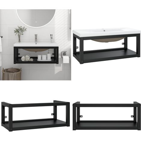 Badezimmer-Waschtischgestell mit Waschbecken Schwarz Eisen - Badezimmer Waschen - Waschtischgestell - Wandmontage - Schwarzes Metall - Weißes Keramikbecken - Home & Living (1/5)