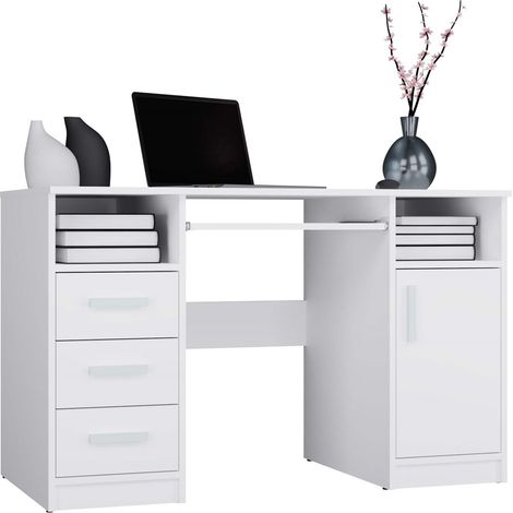 DELTA - Bureau 120cm 3 tiroirs avec armoire et étagères pour bureau / chambre - Blanc (1/5)