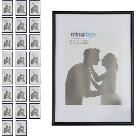 Relaxdays Picture Frame, Set of 24, A4 format, Wood, Portrait & Landscape Format, Passepartout, Plastic, Black and White