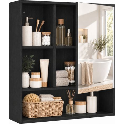 HOMCOM Bathroom Mirror Cabinet, Wall-Mounted, Adjustable Shelves, Black (1/5)