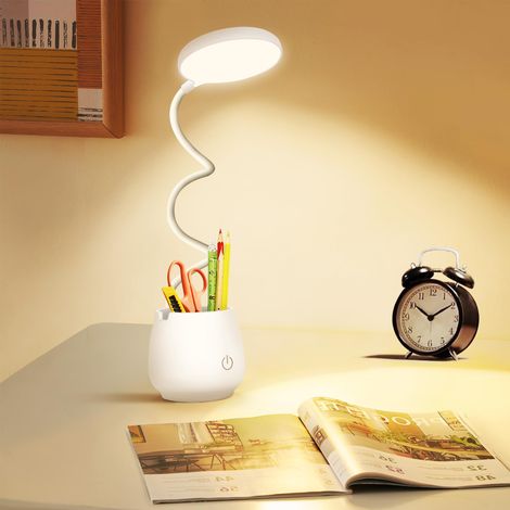 Lampe de bureau pour chambre étudiante, petite lampe de bureau rechargeable avec porte-gobelet/stylo intégré, bras flexible avec lampe d'étude, 3 modes d'éclairage, lampe de chevet respectueuse des ye (1/5)