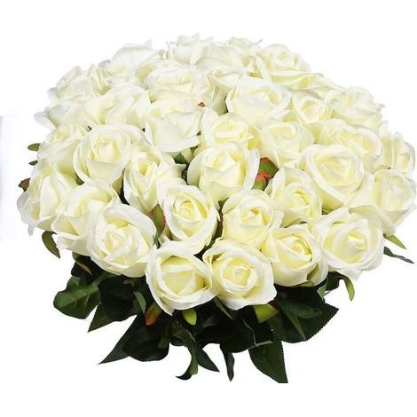 10 roses artificielles en soie, tige unique, roses soufflées pour bouquet de mariée, mariage, anniversaire, décoration intérieure et extérieure - Blanches (1/4)