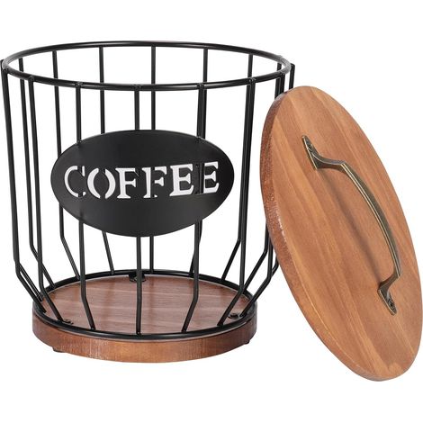 Estante para filtros de café con tapa, organizador de cápsulas de café rústico de madera de gran capacidad, cesta metálica para filtros de café de encimera, accesorios para cafetería (1/5)