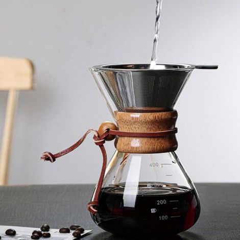 1 Cafetière à verser 400 ml Verre borosilicaté Filtre double couche Bec en V Manchon en bois Maison (1/5)
