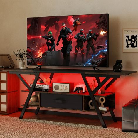 Meuble TV pour Téléviseurs 65" Meuble Multimédia à 3 Niveaux avec Lumières RGB LED et Station de Charge Console Multimédia 140x40x54cm Brun (1/3)