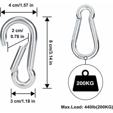 Mousqueton - Acier Inoxydable 304 - Charge Max 200 Kg - Épaisseur 8 Mm - Longueur 80 Mm - Pour Hamac Balançoire Chiens Camping - Lot De 4 (1/3)