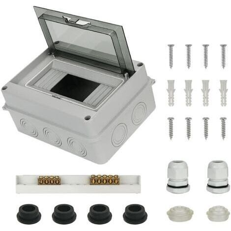 Coffret Électrique Étanche Éxterieur IP65, Boîtier de Distribution 8 Modules, Coffret Modulaire avec Bornier Laiton, Rail DIN, Presse Étoupes Étanche, Bouchon en Silicone Étanche et Bouchons Cache