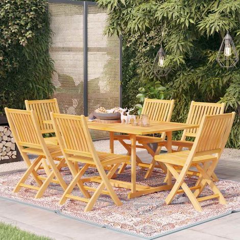 Ensemble repas de jardin 7 pièces en bois de teck avec chaises pliantes - PANGIVO (1/5)