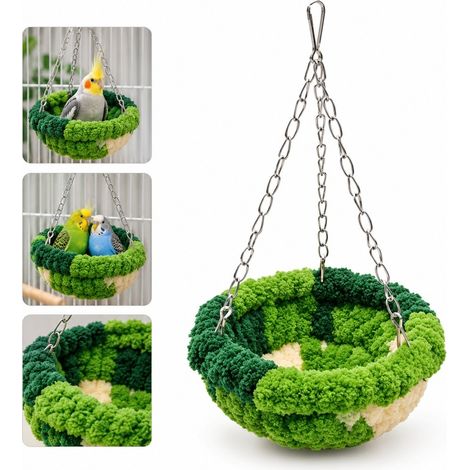 1 Pièce Nid Suspendu Vert pour Oiseaux en Polaire et Fer, Diamètre 15 cm, Hauteur 7 cm, Chaîne 25 cm, Hiver (1/5)