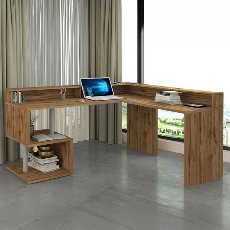 Dmora - Escritorio Sansone, Escritorio de esquina con estantes de almacenamiento, Escritorio de oficina multiusos con tablero, 180x92,5h160 cm, Roble (1/5)