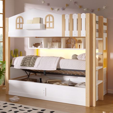 Lit superposé cabane enfant 2 x 90 x 200 cm avec coffre hydraulique, LED, échelle réversible, étagères ouvertes, pin massif et MDF, blanc et naturel (1/5)