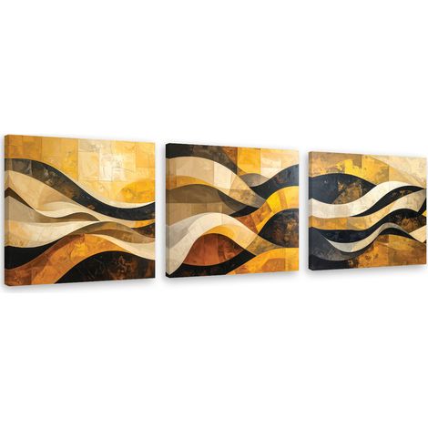 Tableaux sur toile lot  Abstraction jaune et noire : vagues et lignes 3 x 20x20