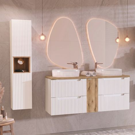 Doppelwaschtisch und Hängesäule 140cm Riva mit 4 Schubladen, Weiß und Holzoptik (1/5)