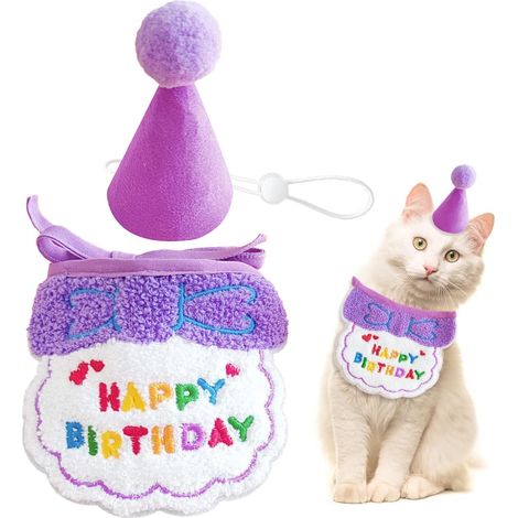 1 ensemble bandana et chapeau anniversaire, coton polyester, motif brodé joyeux anniversaire, taille réglable, pour chien et chat (1/5)
