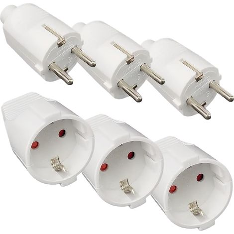 Lot de 3 paires de fiches, 250 V 16 A, IP54, en caoutchouc, avec contact de protection, 2 pôles, étanches à l'extérieur, fiche et raccord en caoutchouc sans câbles, blanc (1/5)