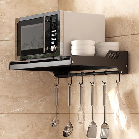 Étagère pour Micro-Ondes Murale pour Cuisine,INOX Noir, 6 Crochet Support Mural Micro-Ondes, Tablette 49 × 36 cm Pour Micro-Ondes et Ustensiles, Fixation Adhésive Ou Vissée (1/5)
