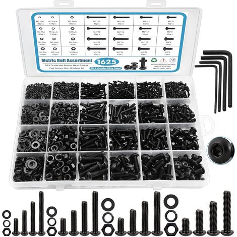 1625PCS vis boulons et écrous assortiment Kit, M2 M3 M4 M5 écrous boulons assortiment avec verrouillage et rondelles plates, grade 10.9 acier allié Hex prise tête vis écrous et boulons assortiment Kit