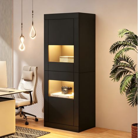 Vitrine LED noire 61 x 42 x 162 cm avec 2 portes, 3 étagères, en panneaux et verre (1/5)