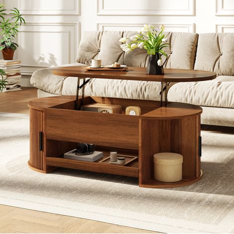 Mesa de centro elevable 110x55x55 cm con almacenamiento oculto, puertas correderas y tablero MDF nogal (1/5)