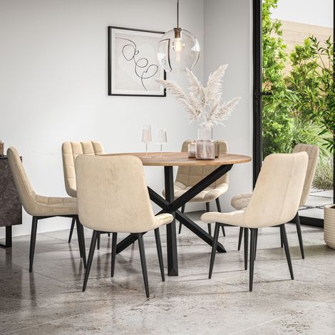 Malvern Round Dining Table And Chairs - Oak Table Top w Solid Black Oak Legs + Nova Velvet Dining Chair Set Of 6 (Beige) (1/5)
