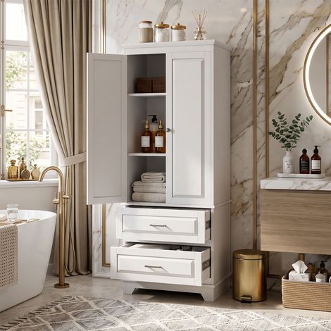 Creahappy Armoire Colonne Haute 157x60x40 cm - Meuble de Rangement Salle de Bain Gain de Place 2 Portes 2 Tiroirs - Blanc Élégant (1/5)