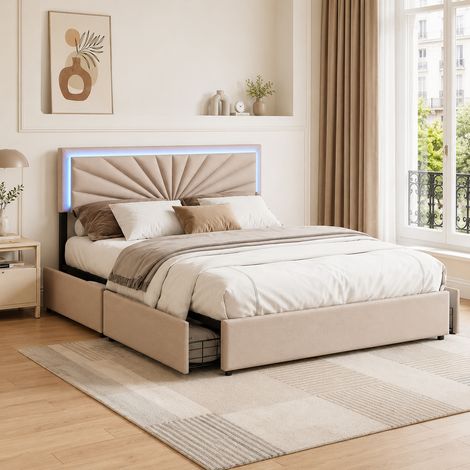 Lit Double 160x200 cm avec LED, Lit Adulte avec 4 tiroirs, Tête de Lit Réglable, Lit Capitonné Sommier à Lattes, Tissu Lin Beige (1/5)