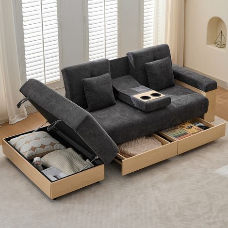 Canapé Convertible 2 Places en Chenille avec Coffres de Rangement,Dossiers Réglables,Porte-Gobelets Intégré,Canapé Multifonction,Gris (1/5)