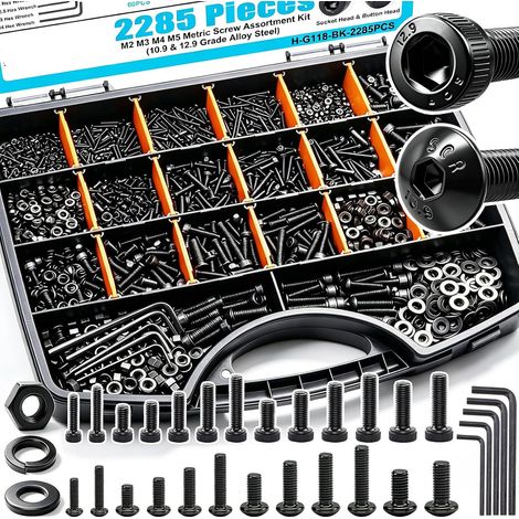 Kit de visserie haute résistance 2285 pièces M2 M3 M4 M5, vis BTR et CHC à six pans creux, tête bombée et tête cylindrique, écrous, rondelles, clés Allen, acier au carbone noir (1/4)