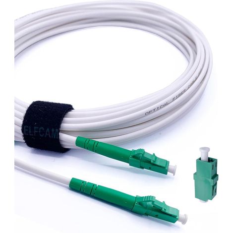 Elfcam® - 5m Câble à Fibre Optique LC/APC à LC/APC Simplex Monomode 3,0mm Blanc, La Livraison avec Le Coupleur pour Rallonge Fibre Optique,5 Mètre
