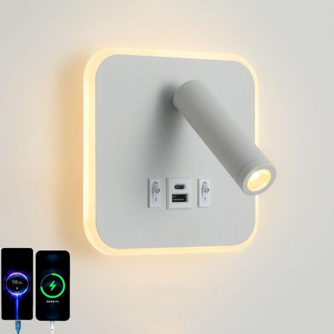 Applique murale LED d'intérieur avec interrupteur, spot de chevet réglable, lampe murale LED moderne pour la lecture avec 2 ports de charge USB pour chambre, salon, bureau, bibliothèque, blanc (blanc (1/5)