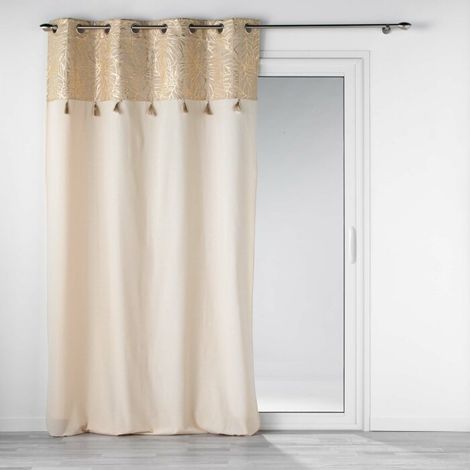 Rideau occultant 140 x 240 cm en polycoton beige – 76% coton et 24% polyester – Finition métallisée avec pompons – Solea (1/6)