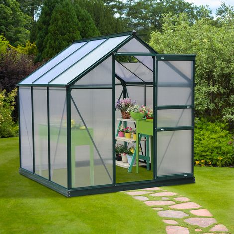 Serre de jardin polycarbonate 190 x 192 x 201 cm résistant aux UV 30+ fondation renforcé gouttière vert foncé (1/5)