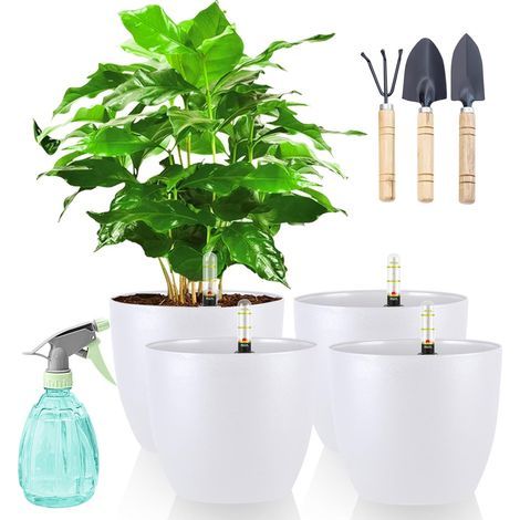 Pots À Réserve D'eau, Pots De Fleurs Avec Système D'arrosage Automatique, Pots Avec Indicateur D'humidité, Blancs, Lot De 4, Pots Hydroponiques De 18 Cm, Pour Plantes D'intérieur Et D'extérieur (1/5)