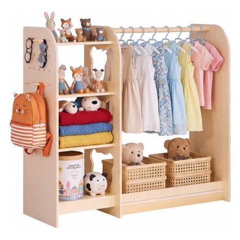 Armario de Disfraces para Niños con Espejo, Perchero Infantil con Estantes, Mueble Montessori de Madera Natural, Organizador de Ropa con Barra y Compartimentos para Dormitorio y Cuarto de Juegos (1/5)