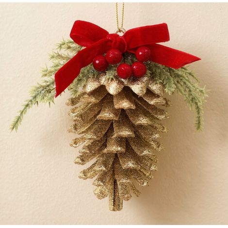 Pomme de pin décorative dorée pailletée 14 cm, ornement suspendu de sapin avec nœud velours rouge et baies (1/3)