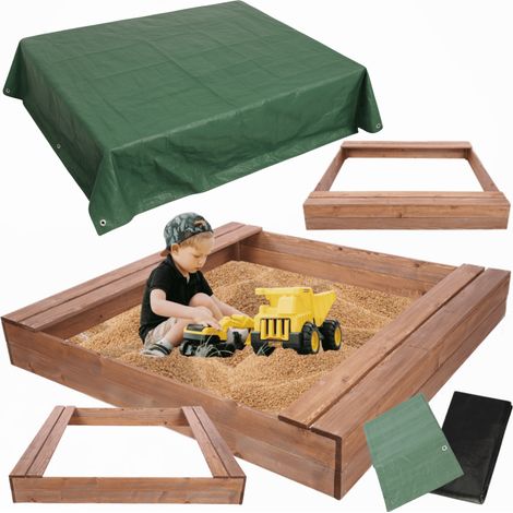 MODO24 Bac à sable en bois de jardin 140x137 cm, avec bancs, agrofibre incluse, avec bâche 2x2 m, marron imprégné (1/5)