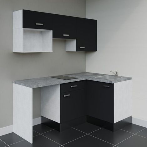 Kitchenette d'angle KA03L-PT avec plan de travail et évier - Façade Noir - Plan Gris béton - Evier Inox - Crédences Non