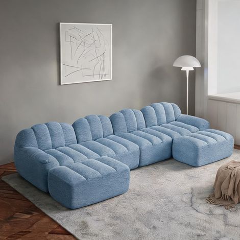 Canapé modulable 4 places bleu en U avec 2 poufs coloris bleu (1/5)