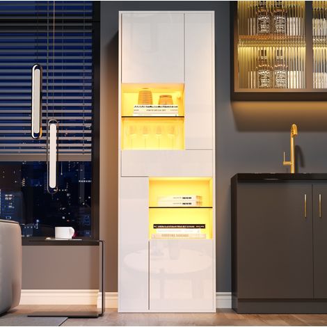 Vitrine blanche 55x38x170 cm avec LED, 1 tiroir et 4 placards, pour salon et couloir (1/5)