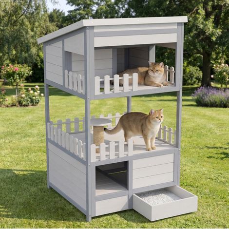 Cuccia per gatti in legno di abete, 68 x 64 x 124 cm, a due livelli, tetto in bitume, cassetto zincato, grigio (1/5)