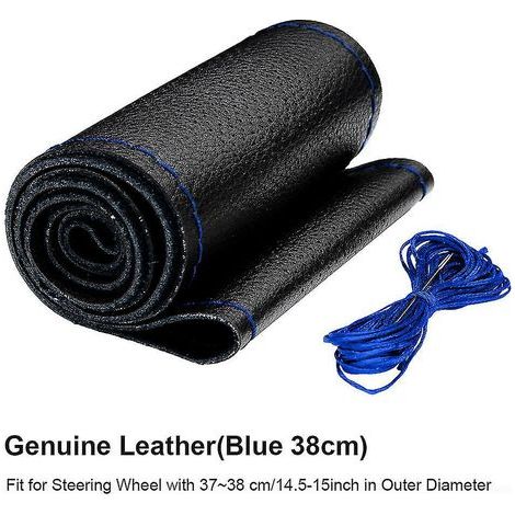Universeller Lenkradbezug aus echtem Leder (schwarz), 38 cm / 15 Zoll, zum Selbermachen, handgenäht und gelocht. Auto-Innenausstattung – Blau