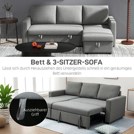 Canapé d'angle HOMCOM convertible en couchage, canapé en L avec espace de stockage et coffre de rangement, banquette méridienne, canapé-lit en tissu aspect lin, gris clair, 211,5 x 146 x 85 cm