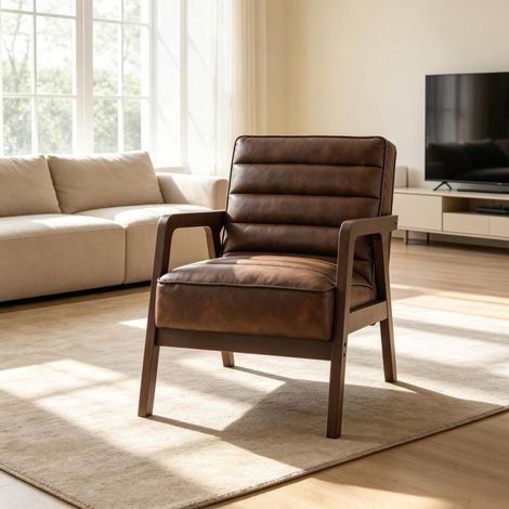 Fauteuil salon 64x86x79 cm en PU et bois marron, confortable, style moderne FloraGrace (1/5)
