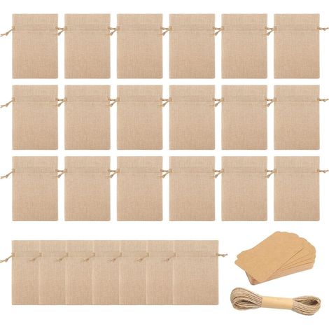 Lot de 25 sacs cadeaux en tissu respirant et étiquettes en papier - Pochettes de rangement réglables pour mariage, anniversaire, célébration (1/5)