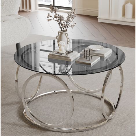 Tavolino rotondo in vetro temperato 80x80x45 cm, piano 6 mm, struttura in metallo cromato, grigio argento (1/5)