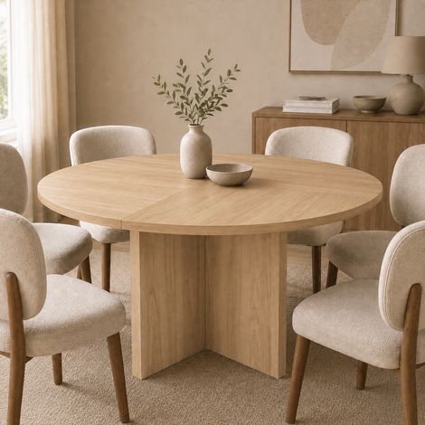 Table a manger ronde 120x120 cm pour 4-6 personnes design scandinave pour salle a manger MDF decor chene