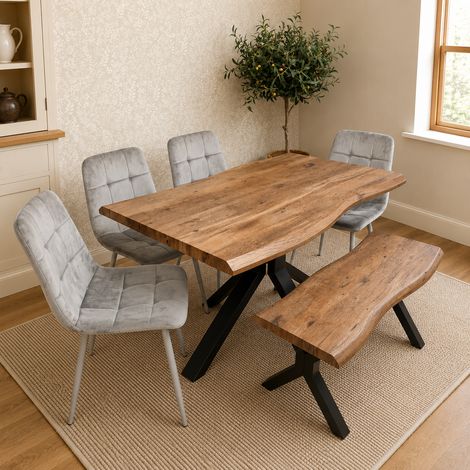 Kosy Koala 6 Seater Rustic Brown Wooden Effect Dining Table with Grey Velvet Chairs & Bench (1/5)