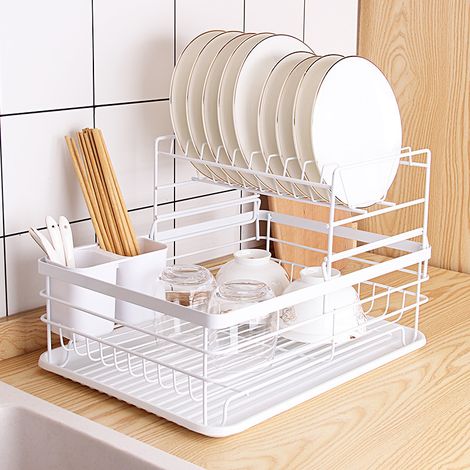 Égouttoir à vaisselle à 2 niveaux pour plan de travail, avec bac d'égouttage et porte-couverts - Blanc (1/5)