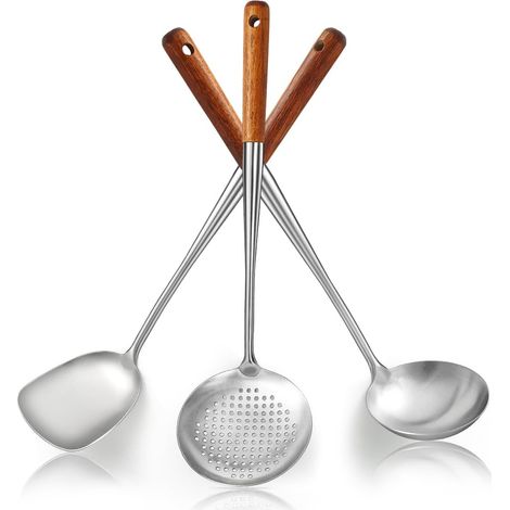 Wok Spatula - 17 Inch Stainless Steel Wok Ladle Skimmer Set - Heat Resistant Wood Handle - For Round Bottom Wok - 3 Piece