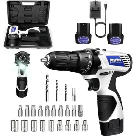 Perceuse électrique sans fil, jeu de tournevis électriques, deux vitesses, couple 18+1, mandrin 3/8 pouces, perceuse électrique portative, équipée de 2 batteries lithium-ion 1500 mAh, boîte à outils,